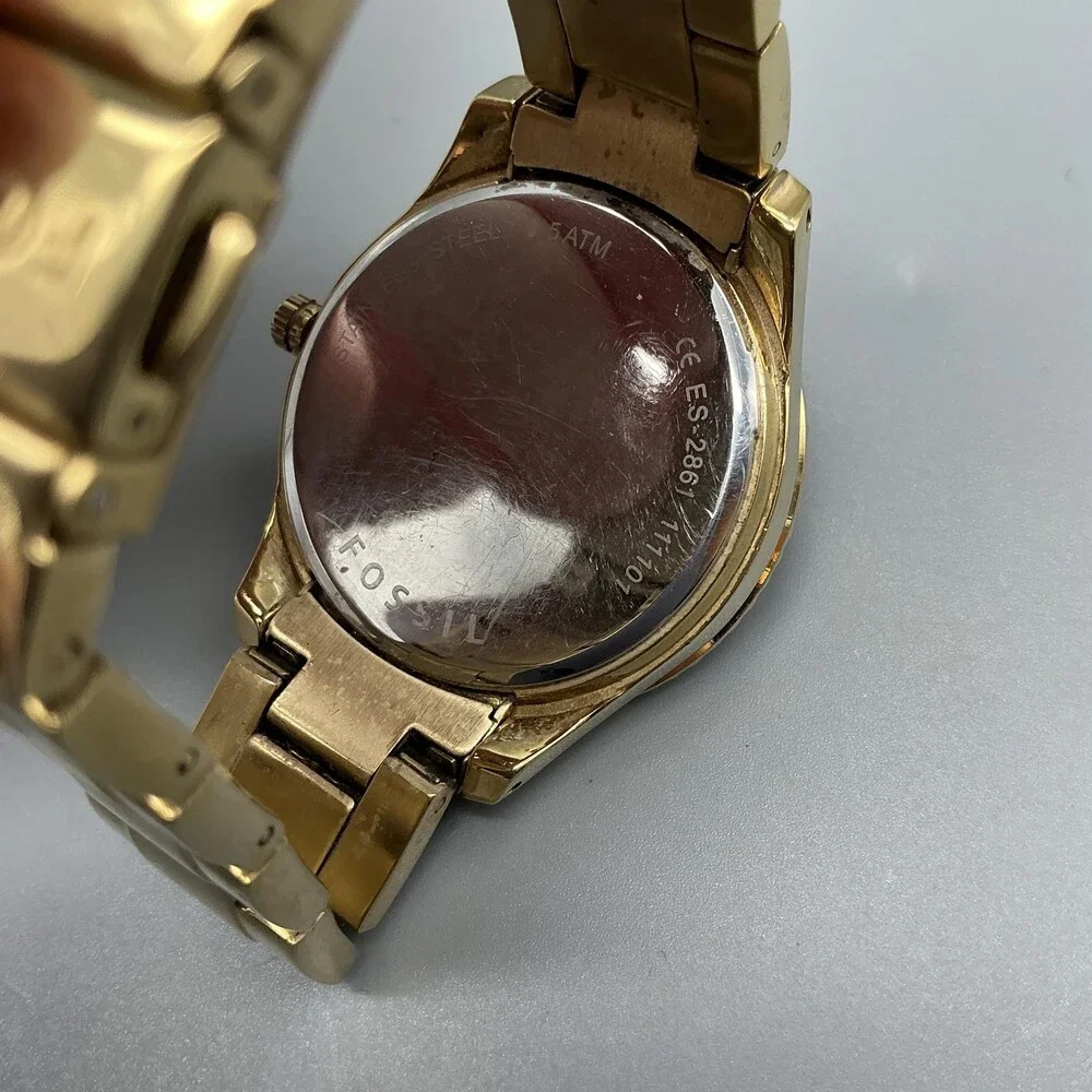 Fossil ES-2861 Womens Watch 38mm MOP Gold Tone Crystals Bracelet New Batt 6.75